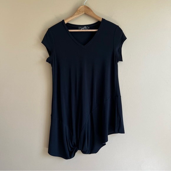 SYMPLI black asymmetrical blouse size 6 short sleeve w knot hemline stretchy - Picture 6 of 6